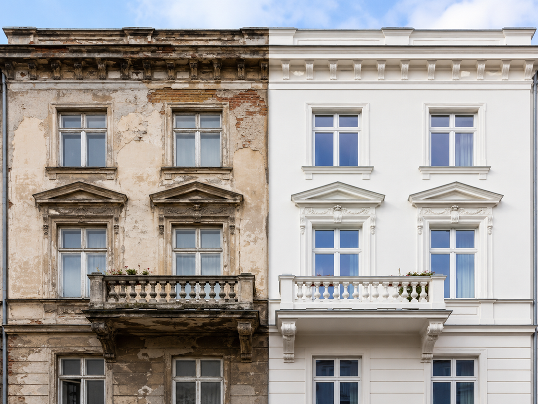 Recuperação de fachada com sistema técnico de pintura e proteção exterior
