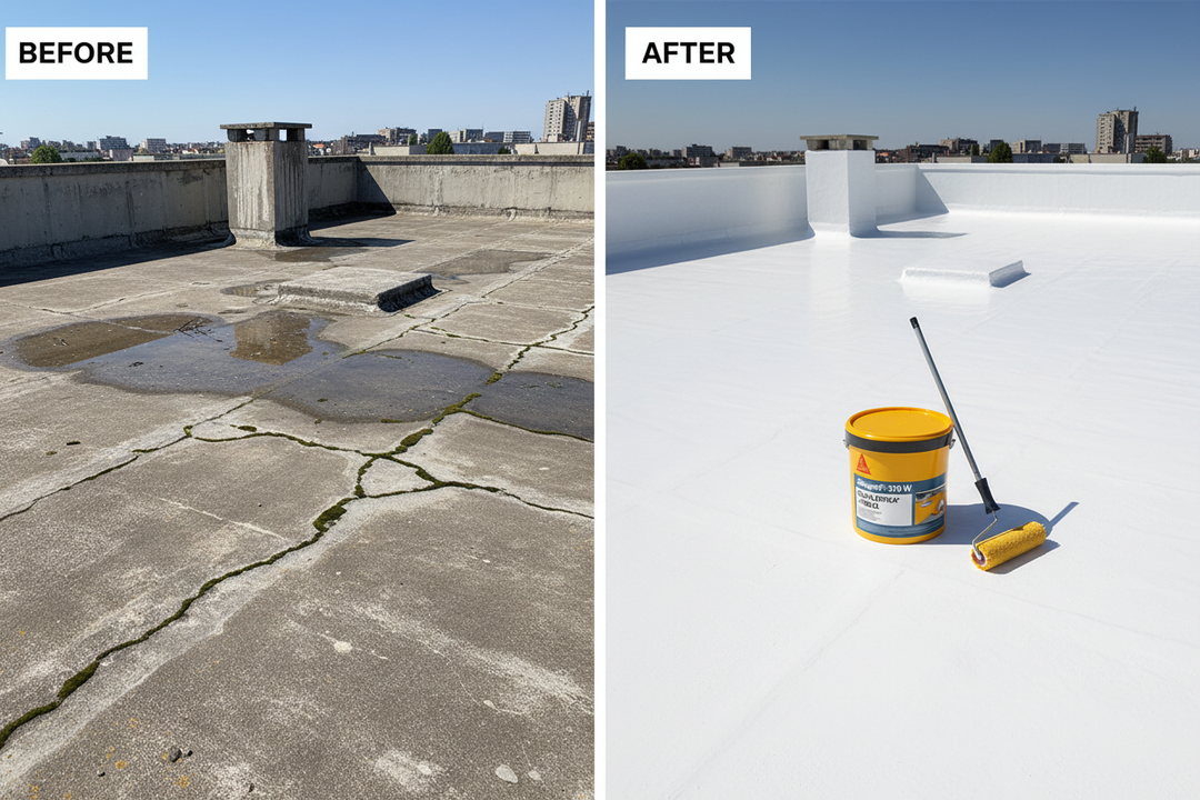 Antes e depois Sikagard 570 W cobertura betão