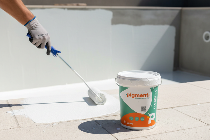 Aplicação de CIMACRYL Pigmenti no interior de piscina com rolo