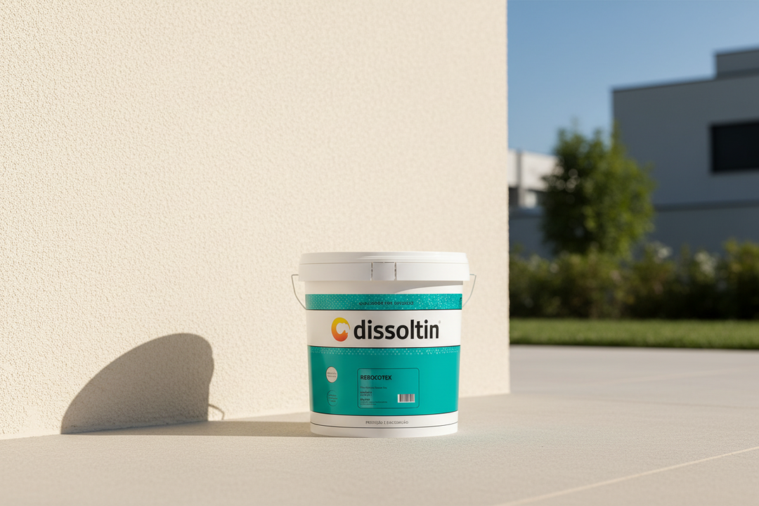 Balde Dissoltin REBOCOTEX em contexto de parede exterior com textura areada fina