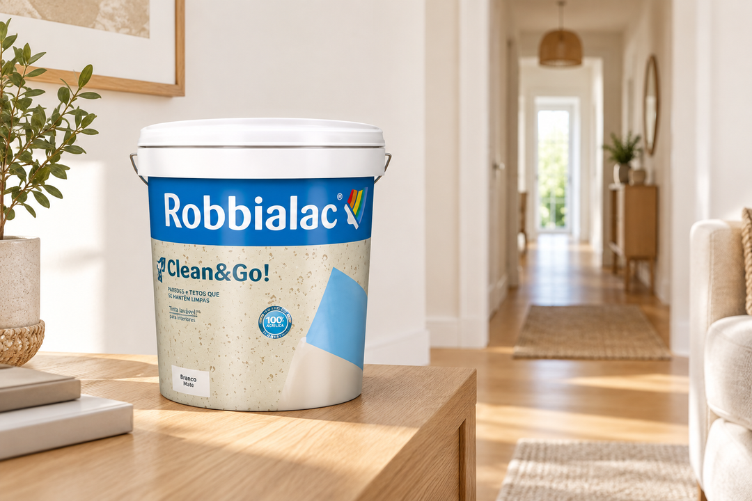 Embalagem Robbialac Clean & Go sobre móvel de madeira numa sala luminosa com corredor ao fundo