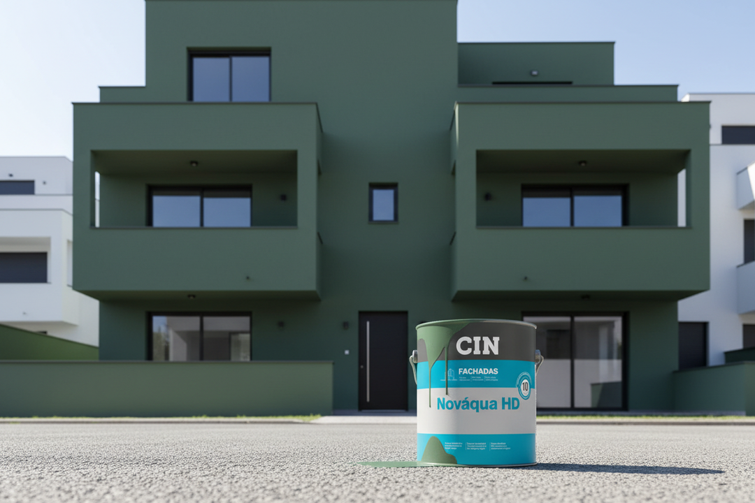 Fachada de edifício pintada em verde sage mate com lata CIN Nováqua HD