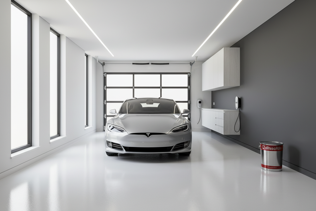 Garagem residencial moderna com pavimento branco pintado com Dissoltin Dissolfloor Tráfego, carro estacionado sobre chão liso