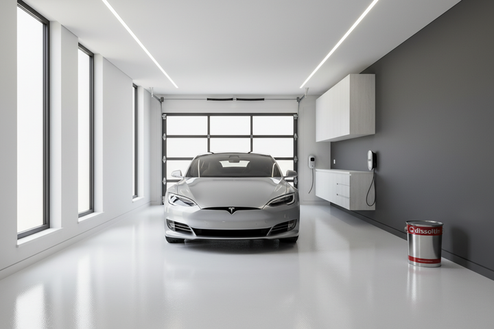 Garagem residencial moderna com pavimento branco pintado com Dissoltin Dissolfloor Tráfego, carro estacionado sobre chão liso