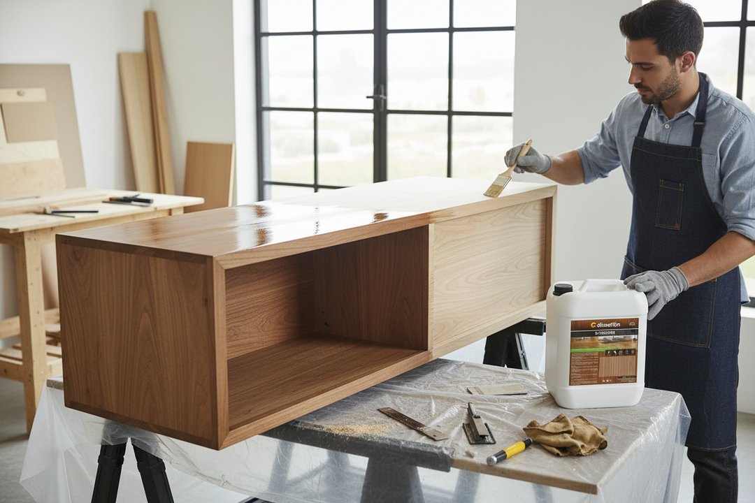 Móvel de madeira a ser envernizado com Dissoltin D-Soalhos em oficina iluminada, metade já com acabamento brilhante e metade ainda por tratar