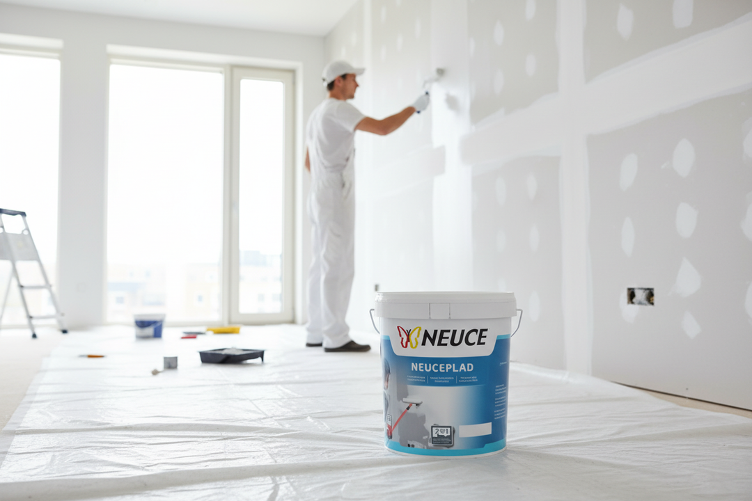 Balde Neuce NEUCEPLAD tinta plástica branca junto a parede de gesso cartonado pladur recém-pintada com rolo em obra de remodelarão interior