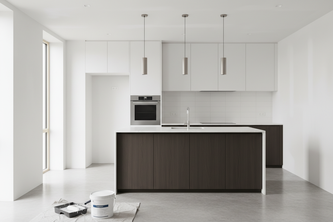 Cozinha moderna com paredes brancas recém pintadas com tinta lavável CIN Vinylclean