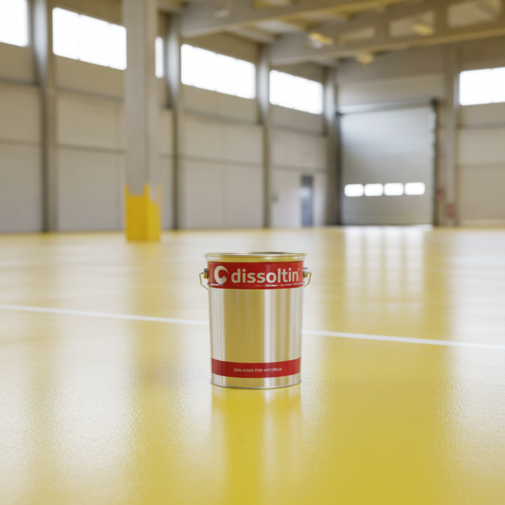 Balde Dissoltin Dissolfloor Tráfego sobre pavimento de betão pintado de amarelo em instalação industrial, tinta para chão amarela