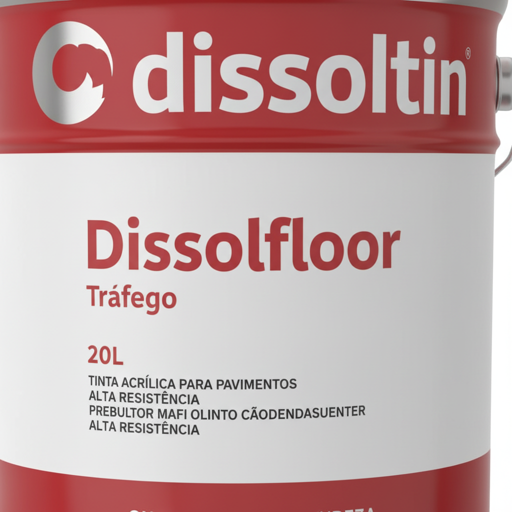 Close-up do rótulo da lata Dissoltin Dissolfloor Tráfego 20L branco com logotipo e especificações do produto visíveis
