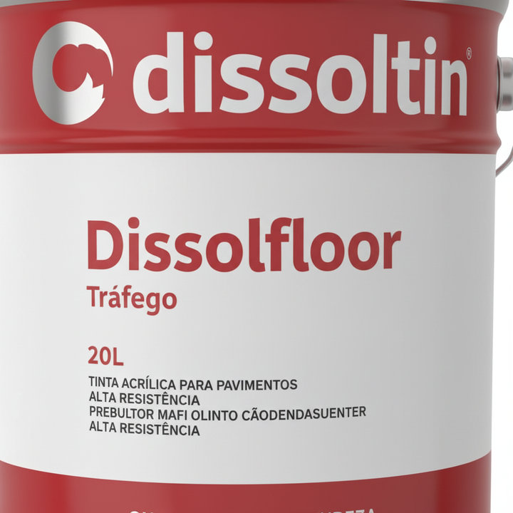 Close-up do rótulo da lata Dissoltin Dissolfloor Tráfego 20L branco com logotipo e especificações do produto visíveis