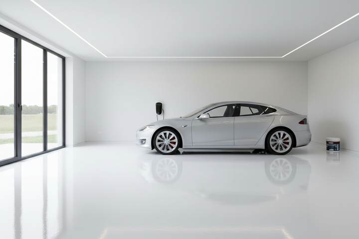 Garagem residencial moderna com pavimento branco pintado com Barbot Barbofloor Endura, carro estacionado sobre chão branco liso