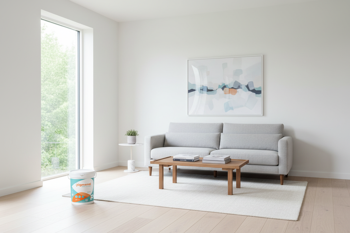 Sala moderna com paredes de pladur recém-pintadas de branco com tinta Pigmenti EASYPLAD, design escandinavo com luz natural