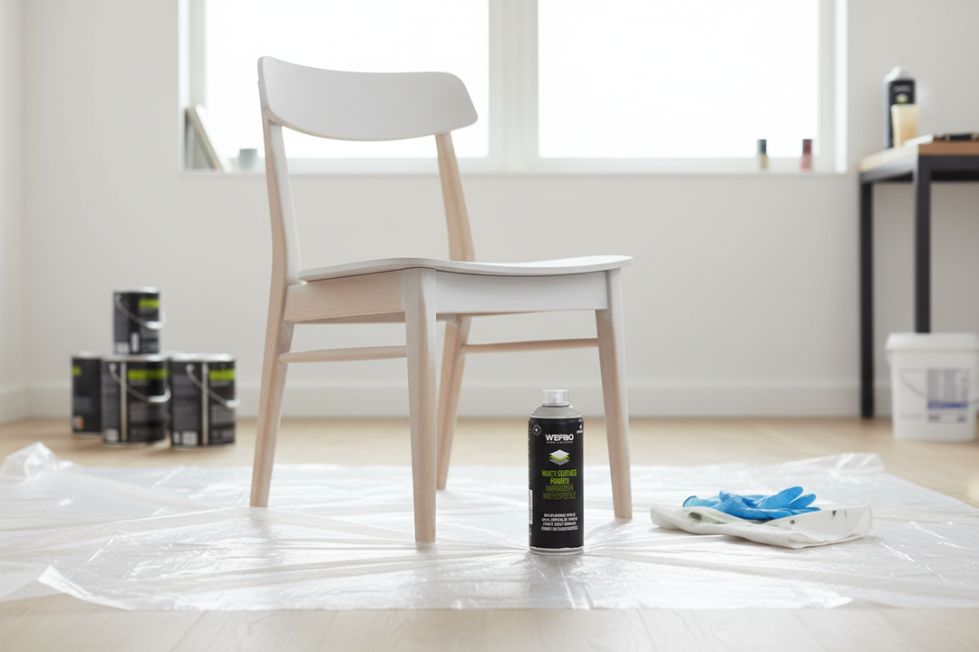 Spray Montana MTN WEPRO primário universal branco ao lado de cadeira de madeira em processo de renovação com primário aplicado, upcycling de móveis DIY