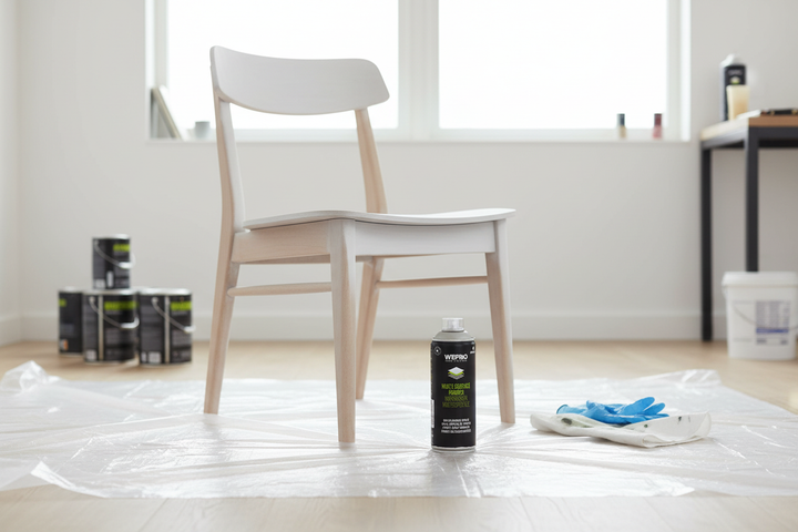 Spray Montana MTN WEPRO primário universal branco ao lado de cadeira de madeira em processo de renovação com primário aplicado, upcycling de móveis DIY