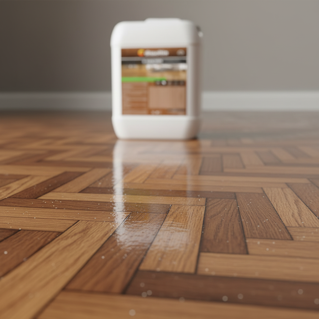 Close-up do acabamento brilhante do verniz aquoso Dissoltin D-Soalhos em parquet de madeira, textura do veio visível através da camada transparente