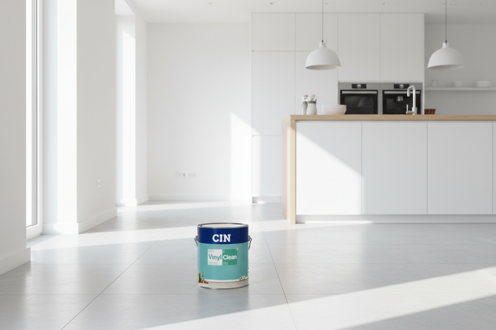 Balde CIN Vinylclean em cozinha moderna com paredes brancas laváveis