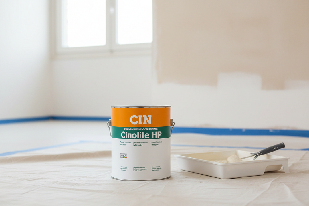 Lata CIN Cinolite HP em contexto de preparação de parede para pintura com rolo e tódoulo