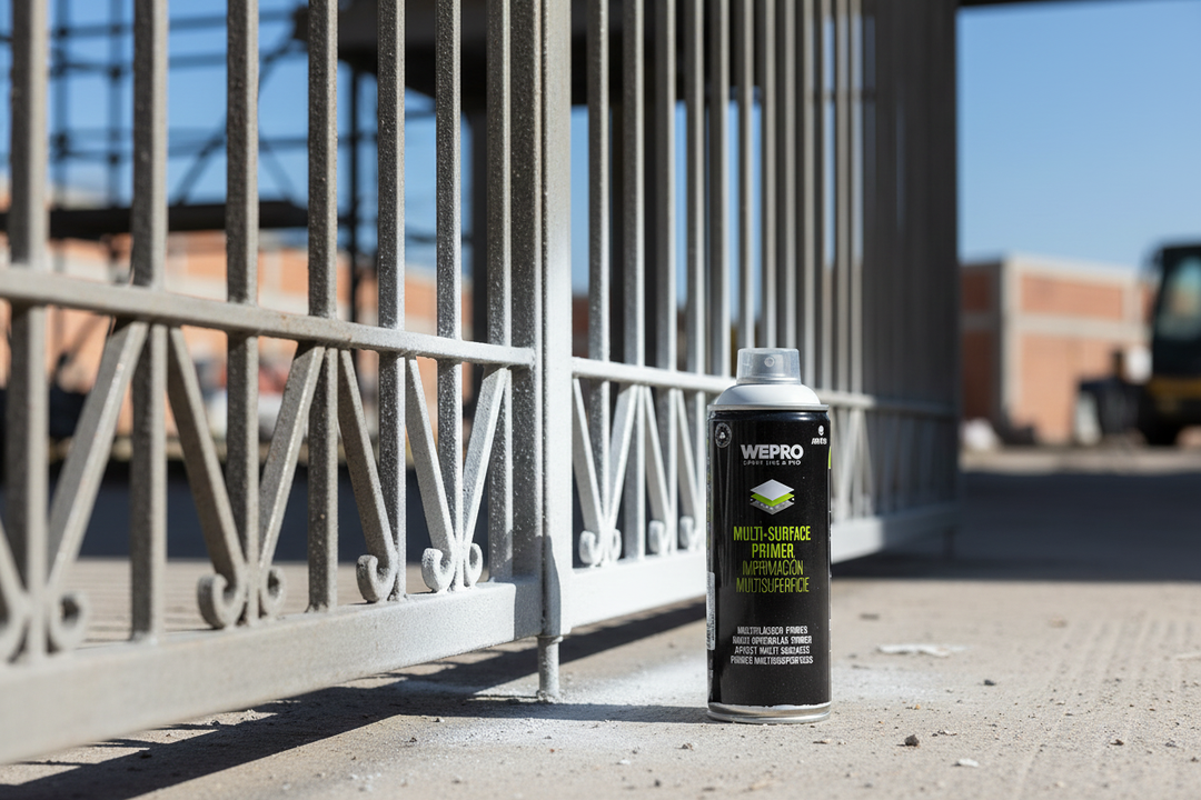 Spray primário Montana MTN WEPRO branco junto a grade de alumínio em obra com primário recém-aplicado, primário universal para metal e alumínio