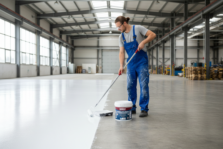Pintor a aplicar tinta branca Barbot Barbofloor Endura com rolo em pavimento de betonão em armazém industrial, metade do chão já pintado de branco