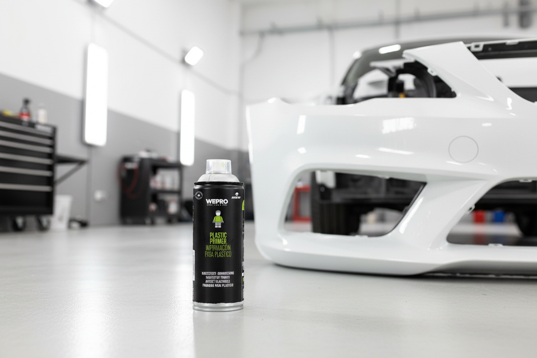 Spray Montana MTN WEPRO Plastic Primer preto em destaque junto a para-choques de carro branco em oficina iluminada, primário para plásticos automóvel