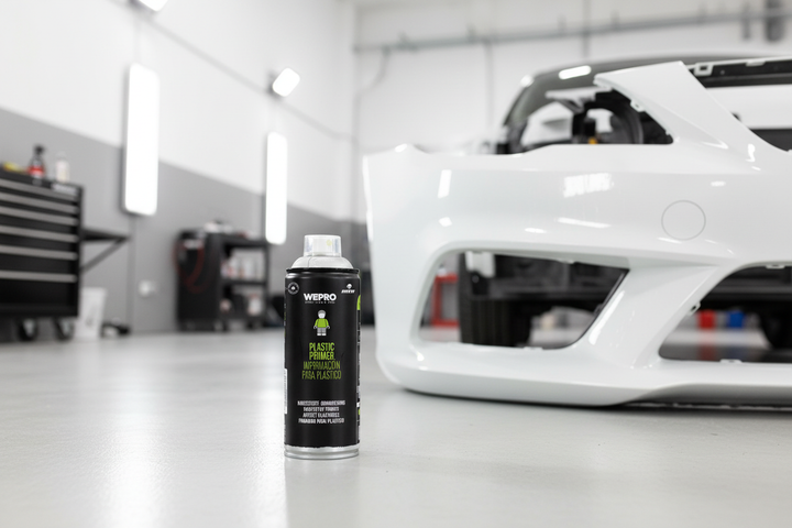 Spray Montana MTN WEPRO Plastic Primer preto em destaque junto a para-choques de carro branco em oficina iluminada, primário para plásticos automóvel
