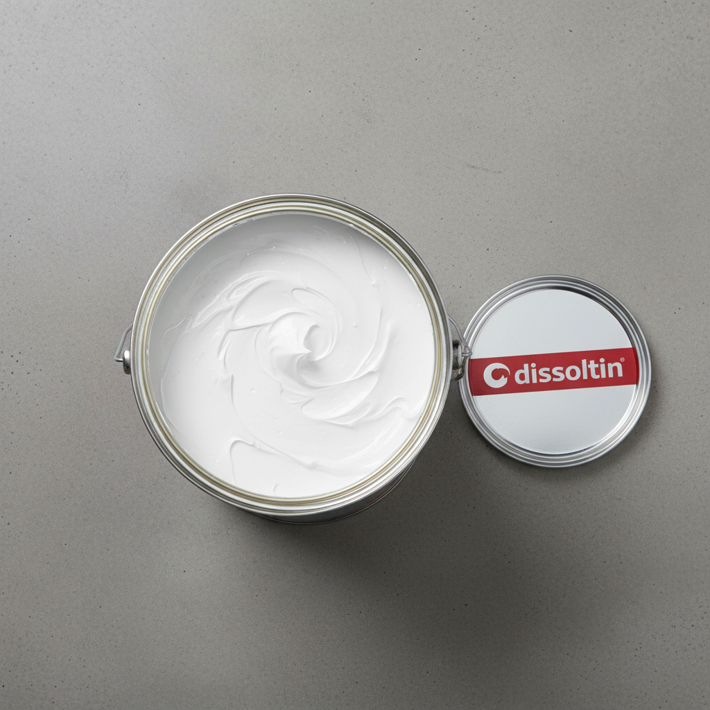 Vista de cima de lata Dissoltin Dissolfloor aberta com tinta branca para pavimentos visível no interior, tinta de tráfego branca 20L