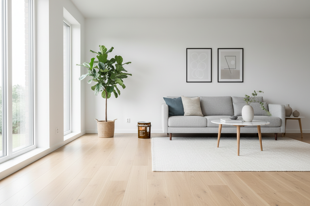 Sala moderna com soalho de madeira envernizado com Robbialac Soalhos SR acabamento acetinado, luz natural e design escandinavo