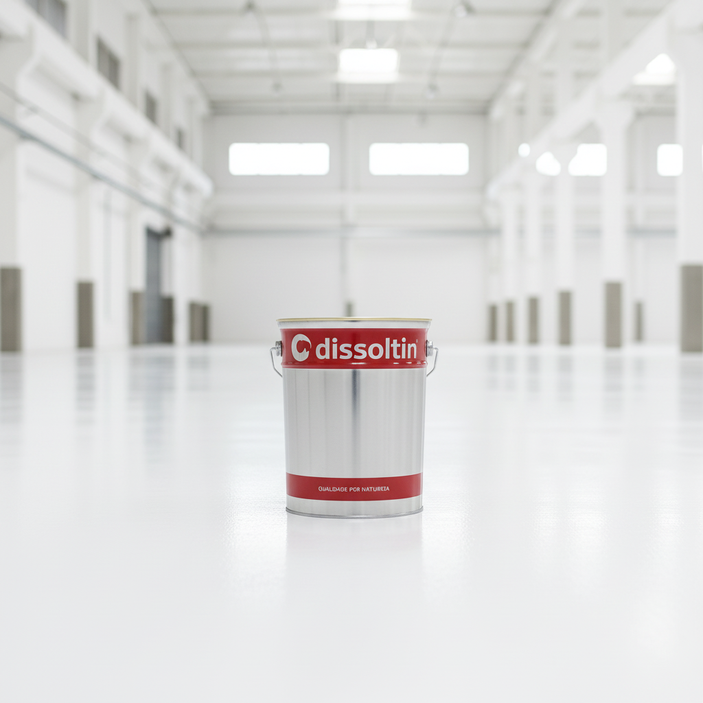 Balde Dissoltin Dissolfloor Tráfego sobre pavimento de betão pintado de branco em armazém industrial, tinta para chão branca