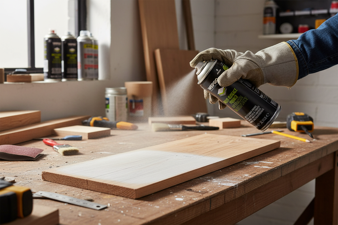 Spray Montana Colors MTN WEPRO primário branco a ser aplicado sobre madeira numa bancada de trabalho DIY, com lixas e pinceis ao lado