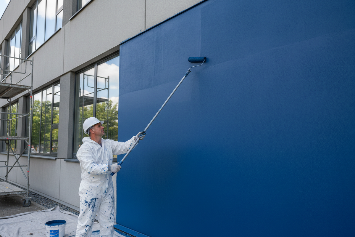 Pintor a aplicar tinta EVERESTE Dissoltin com rolo de fachada em parede exterior