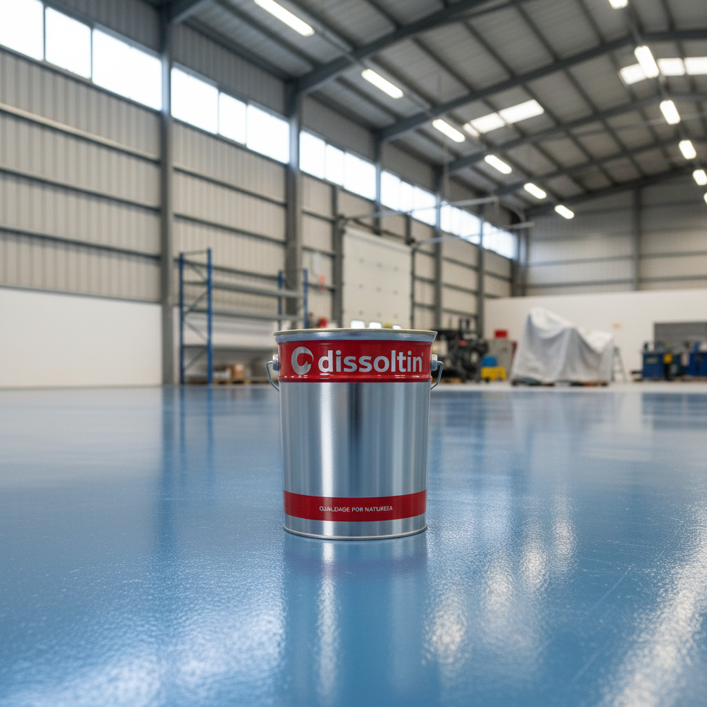 Balde Dissoltin Dissolfloor Tráfego sobre pavimento de betão pintado de azul em armazém industrial, tinta para chão azul