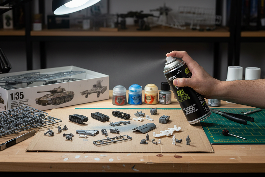 Spray Montana MTN WEPRO Plastic Primer numa bancada de modelismo com peças plásticas e kit de maquete, primário para modelismo e hobby
