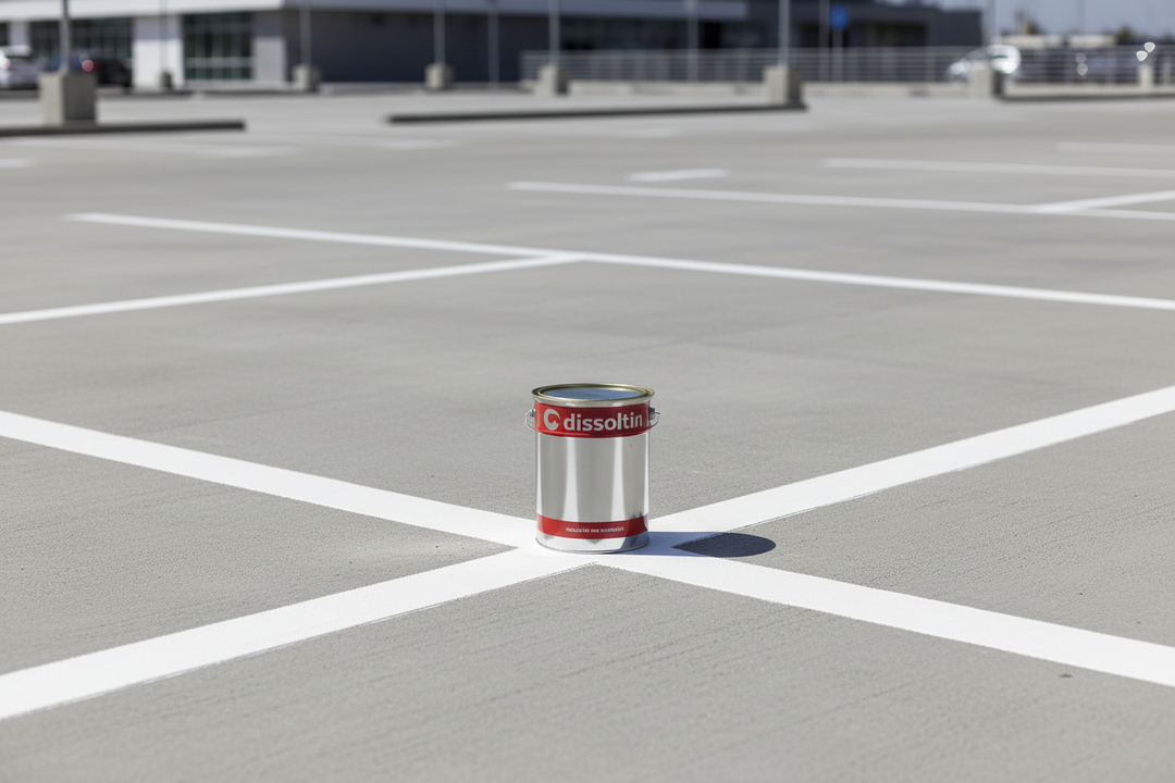Parque de estacionamento exterior com linhas de demarcação brancas pintadas com tinta Dissoltin Dissolfloor Tráfego em pavimento de betão