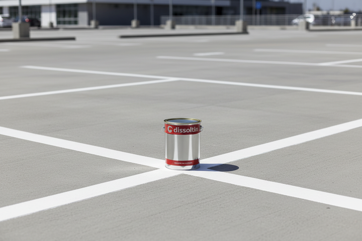 Parque de estacionamento exterior com linhas de demarcação brancas pintadas com tinta Dissoltin Dissolfloor Tráfego em pavimento de betão