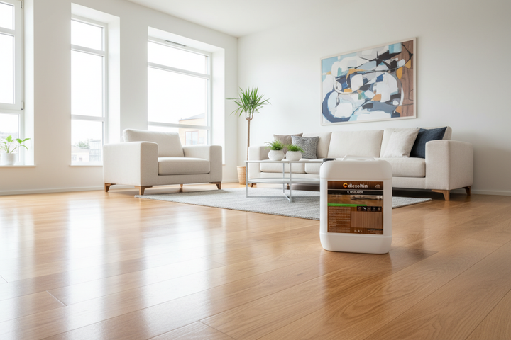 Sala moderna com soalho de madeira envernizado com Dissoltin D-Soalhos, acabamento brilhante incolor com veio natural visível