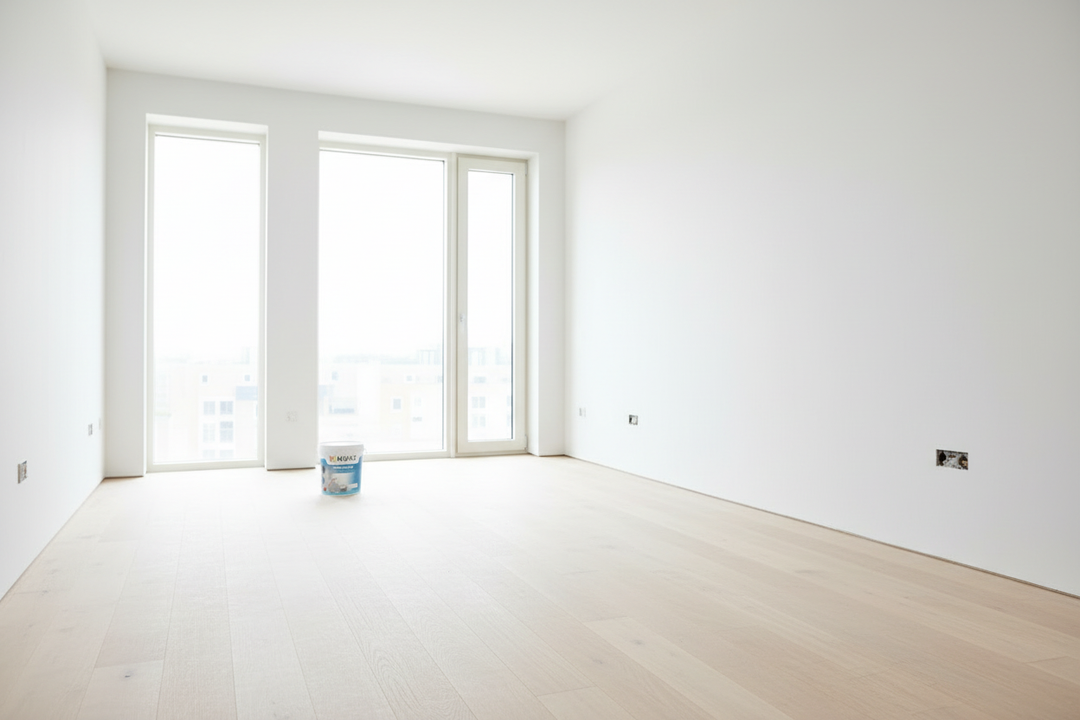 Sala moderna com paredes de pladur recém-pintadas de branco mate com tinta Neuce NEUCEPLAD, resultado final uniforme e profissional