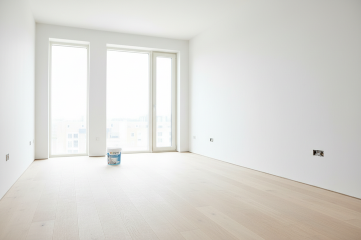 Sala moderna com paredes de pladur recém-pintadas de branco mate com tinta Neuce NEUCEPLAD, resultado final uniforme e profissional