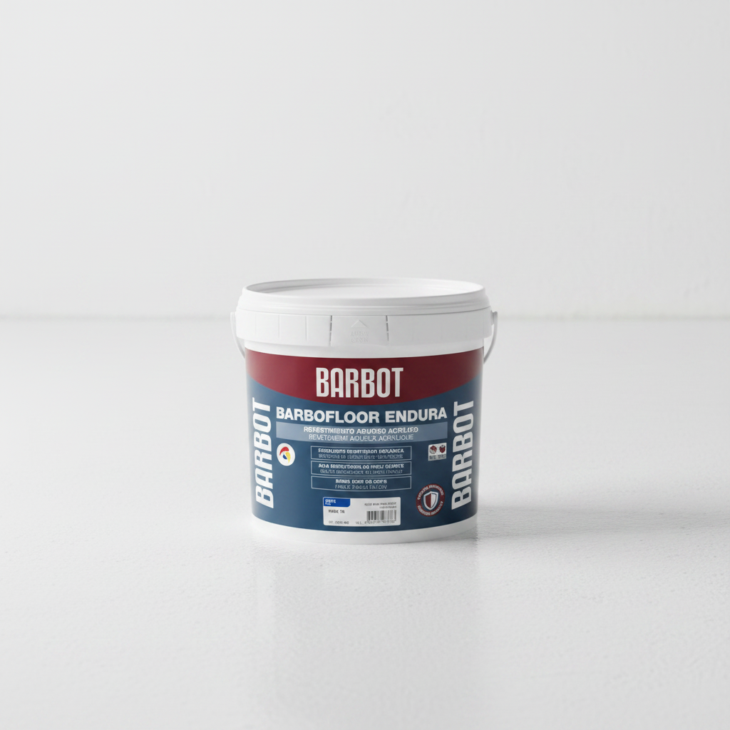 Balde Barbot Barbofloor Endura 10L em ângulo de 45 graus sobre pavimento de betonão recém-pintado de branco, rótulo visível