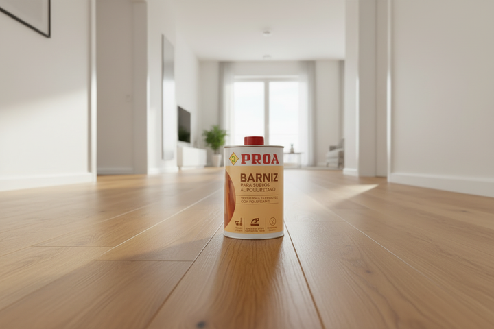 Corredor moderno com soalho de carvalho envernizado com verniz PROA poliuretano, acabamento brilhante a refletir luz natural da janela