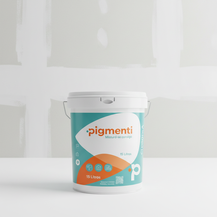 Balde Pigmenti EASYPLAD em ângulo de 45 graus com painel de pladur pintado de branco ao fundo, tinta plástica para gesso cartonado