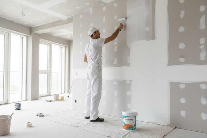 Pintor a aplicar tinta Pigmenti EASYPLAD com rolo em parede de pladur gesso cartonado em interior moderno em renovação