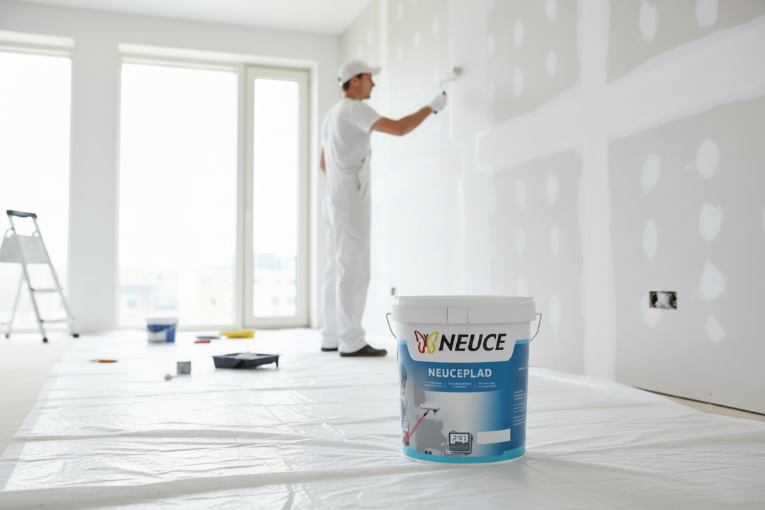 Aplicação de tinta Neuce NEUCEPLAD com rolo antigota em parede de pladur em divisão em renovação, metade já pintada de branco