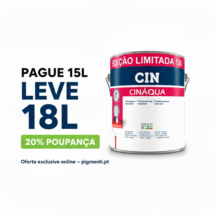 Infográfico CIN Cináqua: Pague 15L Leve 18L com 20% poupança, oferta exclusiva online Pigmenti