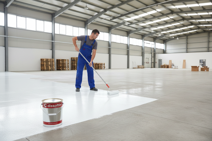 Trabalhador a aplicar tinta Dissoltin Dissolfloor Tráfego com rolo em pavimento de betão em armazém, chão pintado de branco