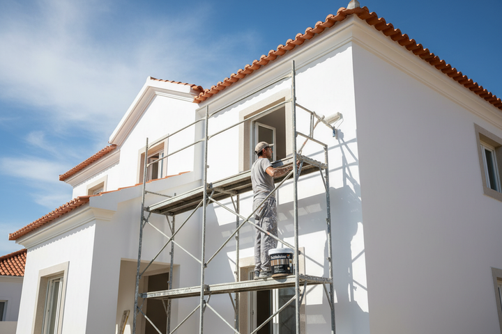 Lata Robbialac SUPER REP num andaime com operário a pintar fachada de moradia portuguesa de dois andares, paredes brancas semi-mate, dia de sol, tinta plástica para fachadas