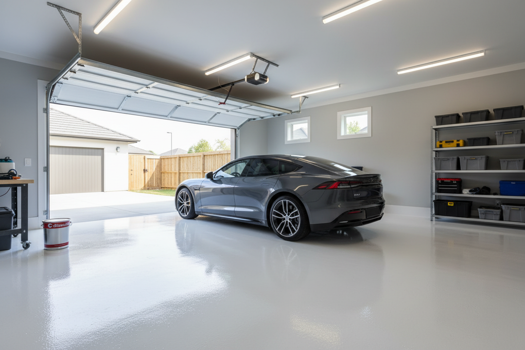 Garagem residencial moderna com pavimento branco recém-pintado com tinta Dissoltin Dissolfloor, carro estacionado sobre chão branco liso