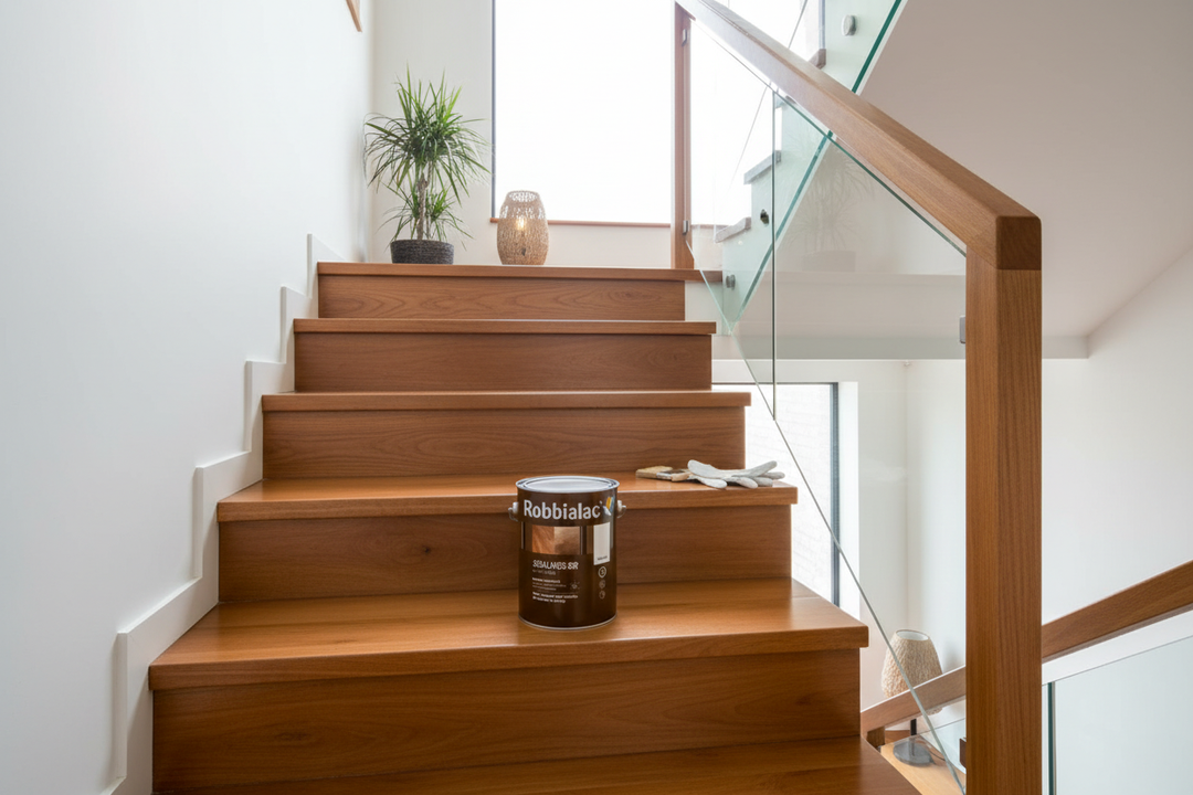 Escadas de madeira em casa moderna com degraus envernizados com Robbialac Soalhos SR, acabamento acetinado com veio da madeira visível