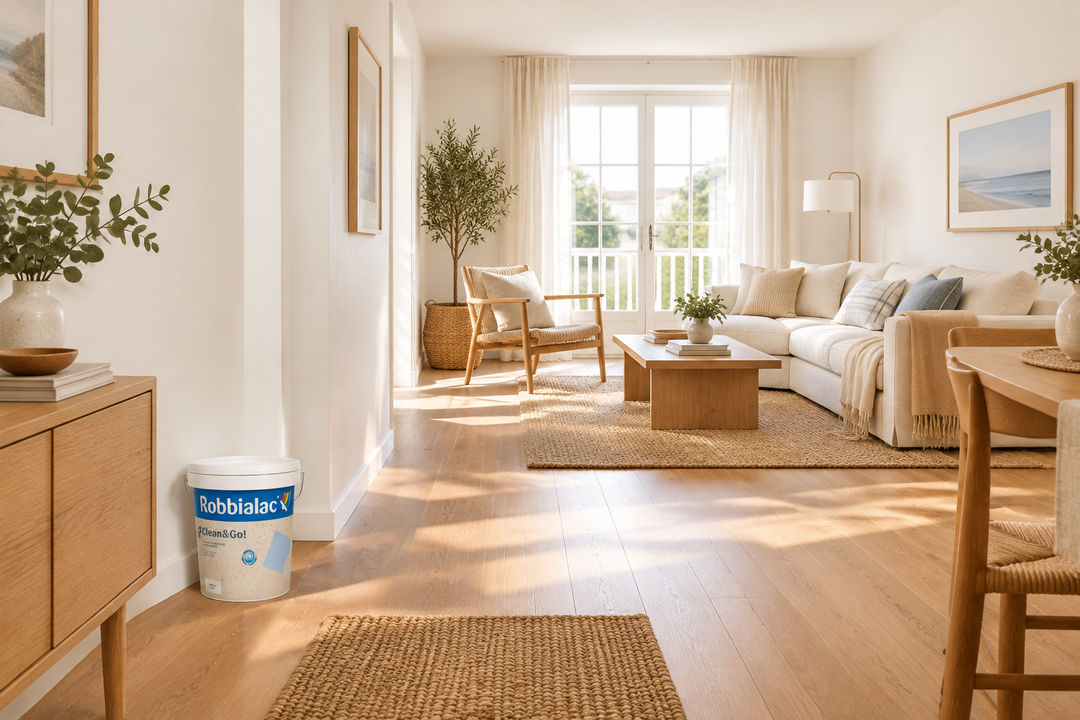 Sala luminosa com paredes claras e embalagem Robbialac Clean & Go junto à entrada
