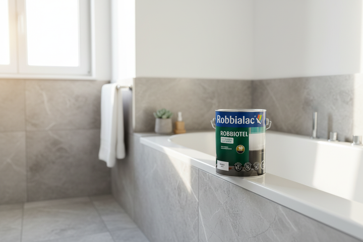 Lata Robbialac Robbiotel em casa de banho moderna com paredes brancas anti-fungos