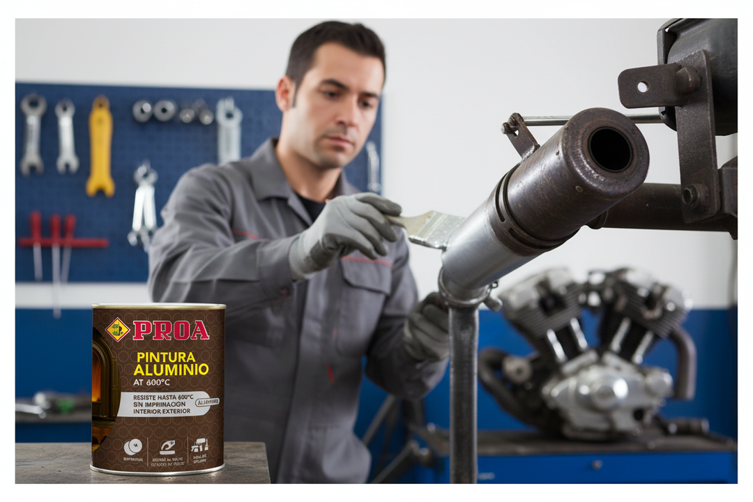 Mecânico a aplicar PROA Tinta Alumínio 600º em tubo de escape